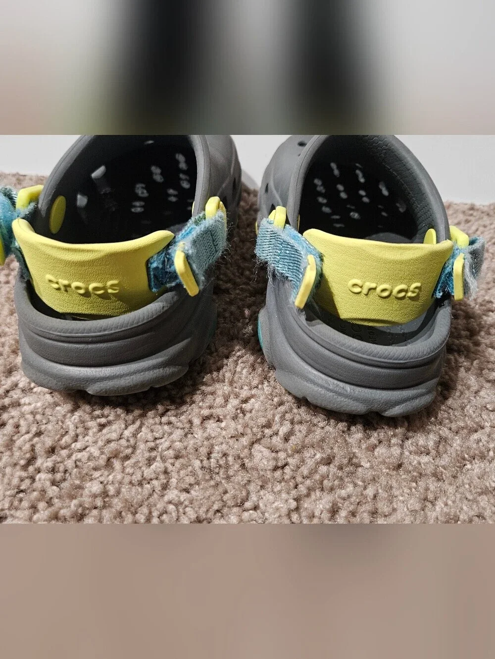 CROCS Kids Gray Clogs with Yellow and Blue Accents